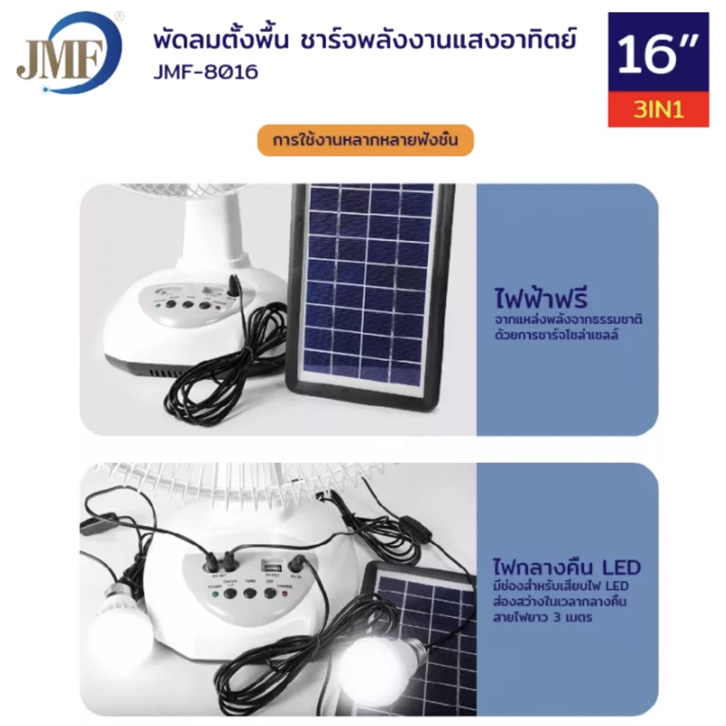 jmf-พัดลมโซล่าเซลล์-พัดลมชาร์จแบต-16นิ้ว-พัดลมพกพาพลังงานแสงอาทิตย์-แถมฟรี-หลอดไฟled2หลอด