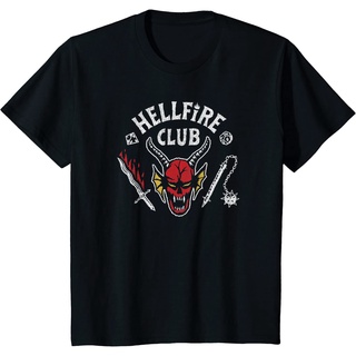 เสื้อยืดสีดำอินเทรนด์เสื้อยืดแขนสั้น คอกลม ผ้าฝ้าย พิมพ์ลาย Stranger Things 4 Hellfire Club Skull &amp; Weapons แฟชั่นฤดูร้อ