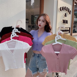 Cicishop(พร้อมส่ง)เสื้อไหมพรมแขนสั้นคอวีใหญ่ผ้าร่องหนานุ่มนิ่ม สีสวย ใครใส่ก็ปัง(9030/1253)