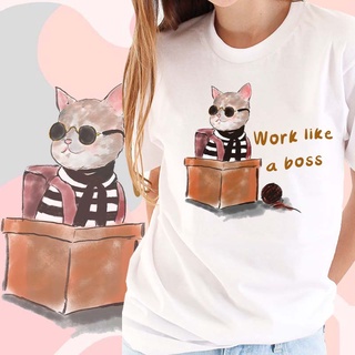 【hot sale】(พร้อมส่ง) เสื้อยืดแฟชั่นผู้หญิง ลายน้องแมว เสื้อยืดมินิมอลน่ารัก ราคาถูก ใส่เป็น Oversize ได้ Cotton100%