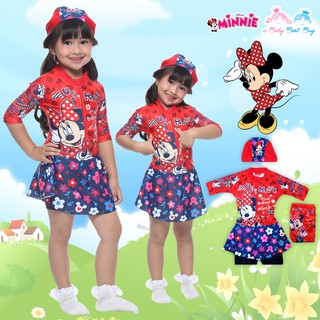 ชุดว่ายน้ำ Disney Minnie Mouse บอดี้สูทเสื้อแขนยาว กระโปรงกางเกง มาพร้อมหมวกว่ายน้ำและถุงผ้า