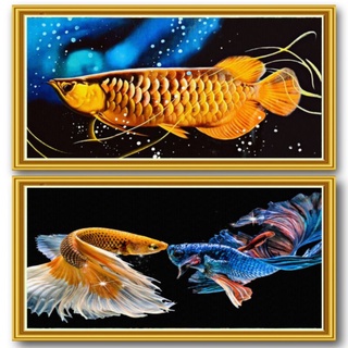 รูปปลามังกรสีทอง+ปลากัดเสริมฮวงจุ้ยโชคลาภบารมีเชต2กรอบ(ขนาด30×60cm)