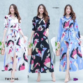 B17146 แม็กซี่เดรสเชิ้ตลายกราฟฟิก เอวผูกโบว์ Graphic shirt dress with bow tie waist maxi dress