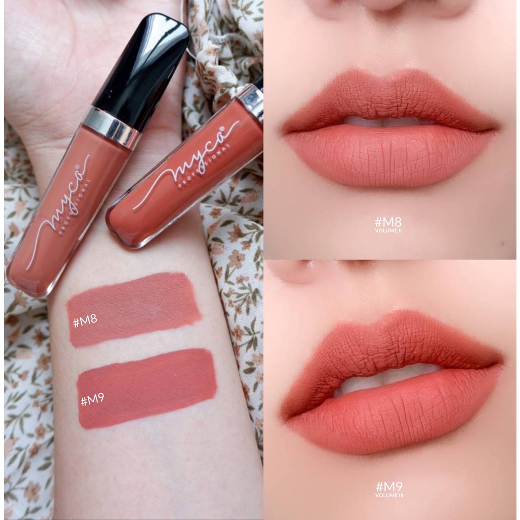 set-gloss-myca-m8-m9-เซ็ตคู่-2-ชิ้น-กลอสเนื้อแมท-สีสันสวยงาม-เนื้อสัมผัสนุ่ม-เนียนละเอียด-เกลี่ยง่าย-กันน้ำ-ติดทน