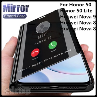 Honor50 Case Leather Smart Mirror Window View Flip Cover Honor 50 Lite Light Shockproof Bumper Coque Huawei Nova 9 8 8i