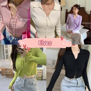 Elves✨พร้อมส่ง✨ เสื้อไหมพรมแขนยาว คอปก ดีเทล สายเชือกรูดปรับได้ เก๋มาก ~1678~