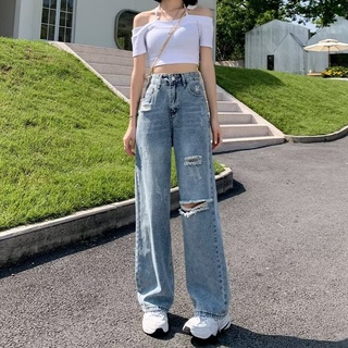DaDulove💕 2022 New Korean Version Ins Ripped Jeans High Waist Loose Straight Wide Leg Pants Fashion Womens Clothing