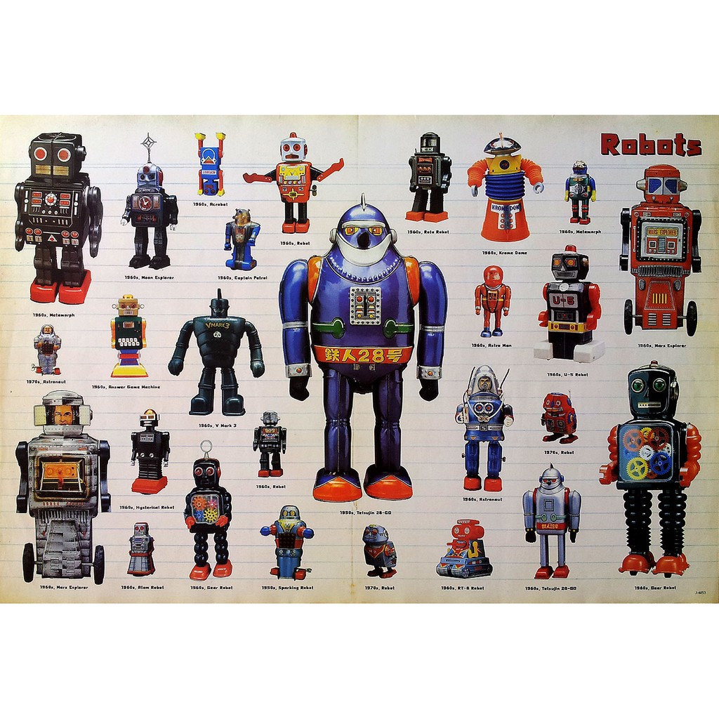 โปสเตอร์-ของเล่น-หุ่นยนต์-สังกะสี-โบราณ-robots-retro-poster-24-x35-inch-original-vintage-antique-toy-1960-1970