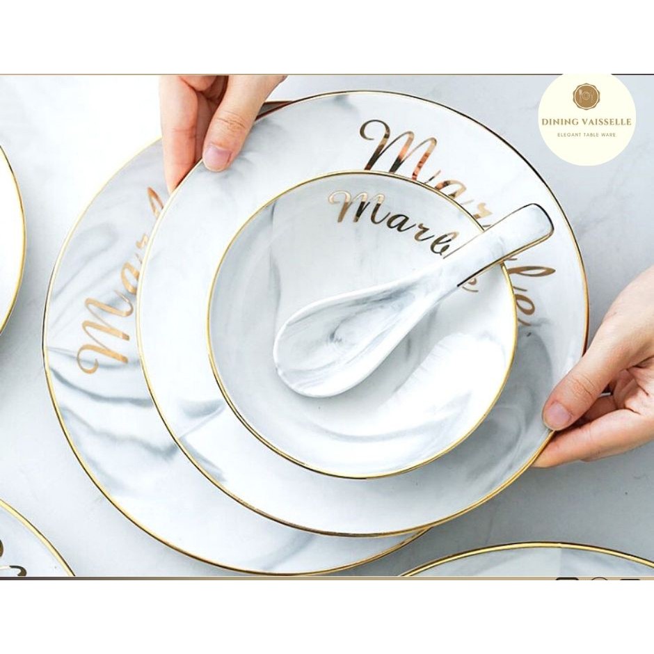 ชุดจานชามmarbre-doux-plate-ขอบทองหรูหรา-จานหินอ่อน-เซ็ตจานสวยงาม-อุปกรณ์บนโต๊ะอาหาร