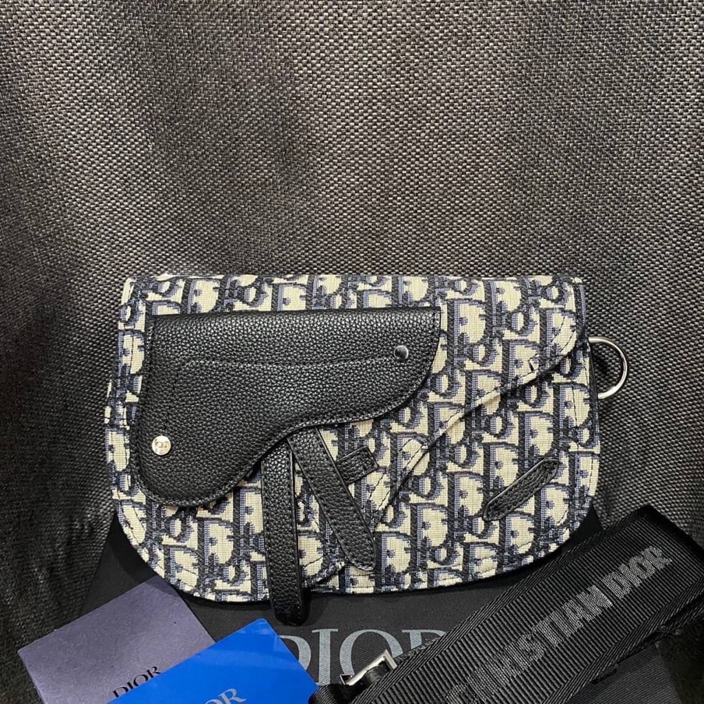CHRISTIAN DIOR SADDLE POUCH BEIGE AND BLACK DIOR OBLIQUE JACQUARD
