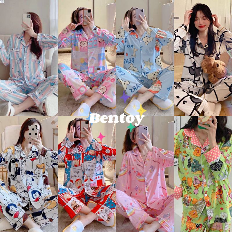 bentoy-พร้อมส่ง-ชุดนอนลายการ์ตูน-ชุดนอนผ้าคอตตอนกระดุมหน้าเปิดได้-แขนยาวขายาว-tz7