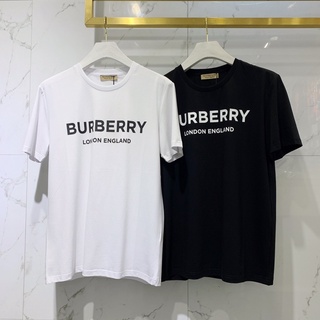 เสื้อยืดสีขาวผู้ชาย - Burberr 2021 ฤดูร้อนเสื้อยืดแขนสั้นผู้ชาย, คอกลม, โลโก้พิมพ์หน้าอก, ผ้าฝ้าย,