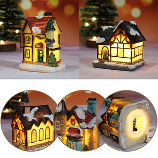 Christmas Resin Luminous Small House/ Romantic Led Lights Snowy Cottage/ Xmas Micro-landscape Christmas Tree Decoration/ New Year Home Gift Presents