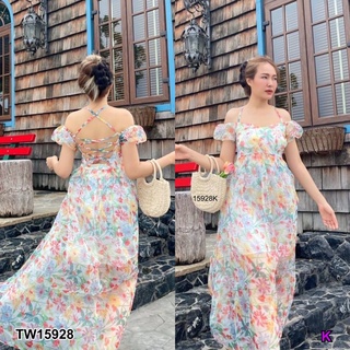 TW15928 แม็กซี่ผ้าแก้ว ลายดอกไม้ ร้อยหลัง แขนพองๆตุ๊กตา มีซับใน งานสวยมากกกค้า เนื้อผ้า ผ้าแก้วอย่างดี