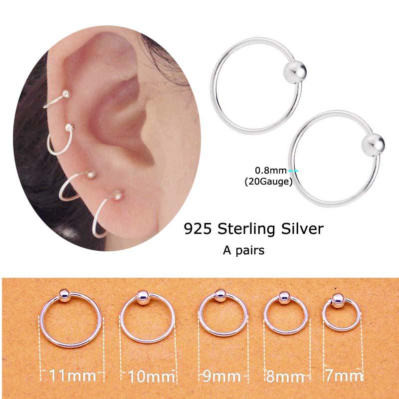 A Pairs 925 Sterling Silver Hoop Earrings Captive Bead Ring Nose Ear Tragus Piercings 20 Gauge