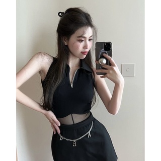 🔥พรเอมส่ง🔥 #515เสื้อผ้าแฟชั่นสไตล์เกาหลีเสื้อครอปแขนกุดคอปก