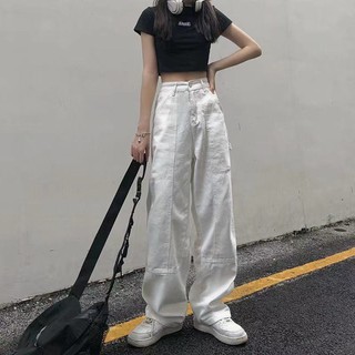 💜S-XL ฤดูร้อนใหม่ญี่ปุ่น ins กางเกงขายาวสีขาวหลวมและบางตรงกว้างขากว้างป่ากางเกงยีนส์เอวสูงผู้หญิง