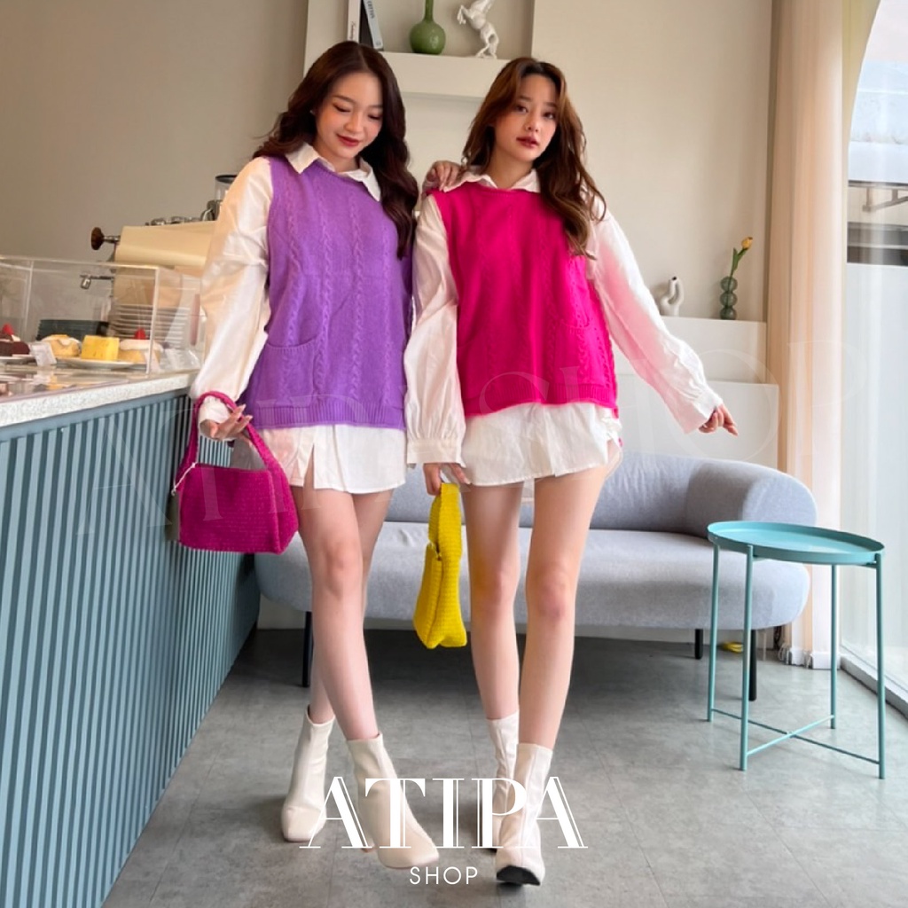 atipashop-set-korean-vest-knit-เซ็ท-เสื้อเชิ๊ต-ตัวยาวทรงโอเว่อไซส์-เสื้อคลุมตัวนอก-ฟิวคาเฟ่เกาหลี-มีหลายสีให้เลือก