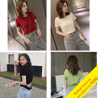 พร้อมส่ง เสื้อครอปรัดรูปแขนสั้น สีพื้น เสื้อผ้ามินิมอลสไตล์เกาหลี เสื้อแฟชั่นผู้หญิงน่ารัก เสื้อเอวลอยเปิดหลัง ผ้าคอตตอน