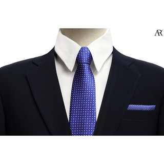 ANGELINO RUFOLO Set Necktie(เนคไท)+Pocket Square(ผ้าเช็ดหน้าสูท) ผ้าไหมทออิตาลี่คุณภาพเยี่ยม ดีไซน์ Line สีน้ำเงิน/ม่วง