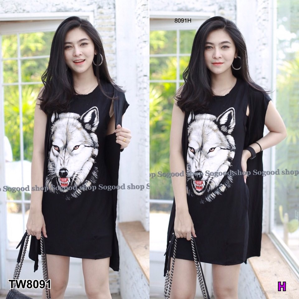 เดรสลายหมาป่า-เสื้อคลุมแขนกุดเข้าเซท-tw8091