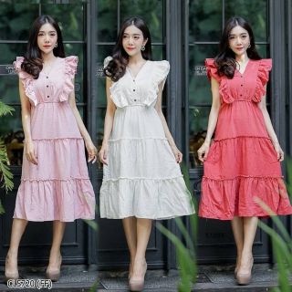 เดรสยาวสีพื้นหวานๆ งานผ้าลินินใส่สบายมากๆจ้า ดีไซน์คอวีผ่าติดกระดุม แขนระบาย เอวรอบสม็อคตัว กระโปรงยาวสวิง
