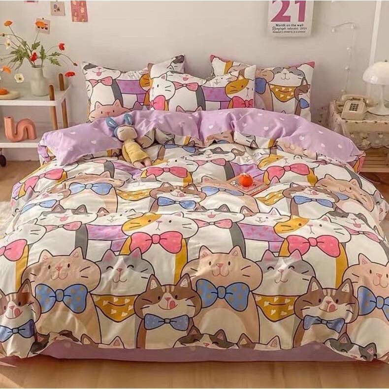 ชุดเครื่องนอนลายการ์ตูนแมว-ขนาด-3-5-5-6-ฟุต-ผ้าปูที่นอน-ผ้านวมครบชุด