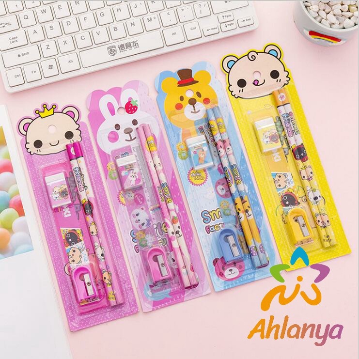 ahlanya-เครื่องเขียนราคาถู-ชุดเครื่องเขียนดินสอลายการ์ตูนน่ารัก-4-ชิ้น-เครื่องเขียนราคาถู-cartoon-stationery-set