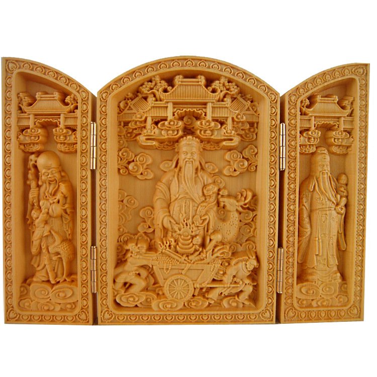 ไม้กล่องไม้แกะสลักพระพุทธรูป-maitreya-พระพุทธรูปสามกล่อง-fu-lu-shou-งานฝีมือไม้พระโพธิสัตว์กวนอิม-hmpi