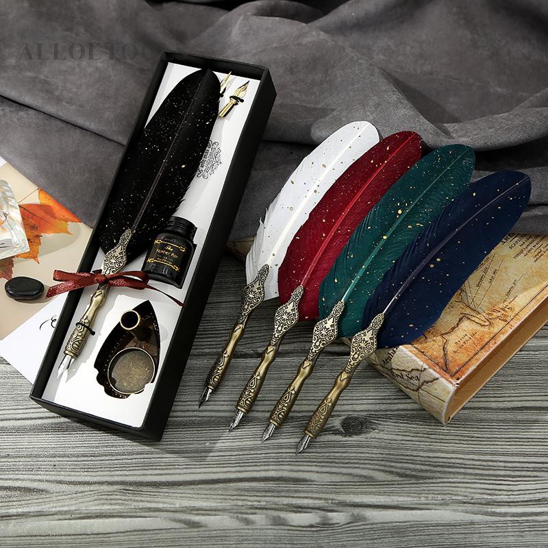 alloet-retro-ปากกาขนนกพร้อม-2-หัวชุดกล่องของขวัญ