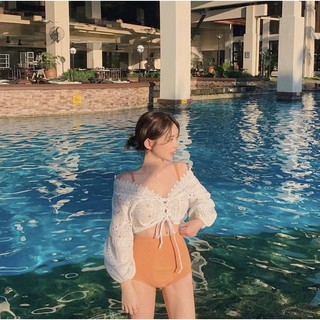 ** พร้อมส่ง ที่ไทย 🇹🇭 ** เซ็ท3ชิ้น ชุดว่ายน้ำทูพีชสีส้มพร้อมเสื้อคลุมสีขาว
