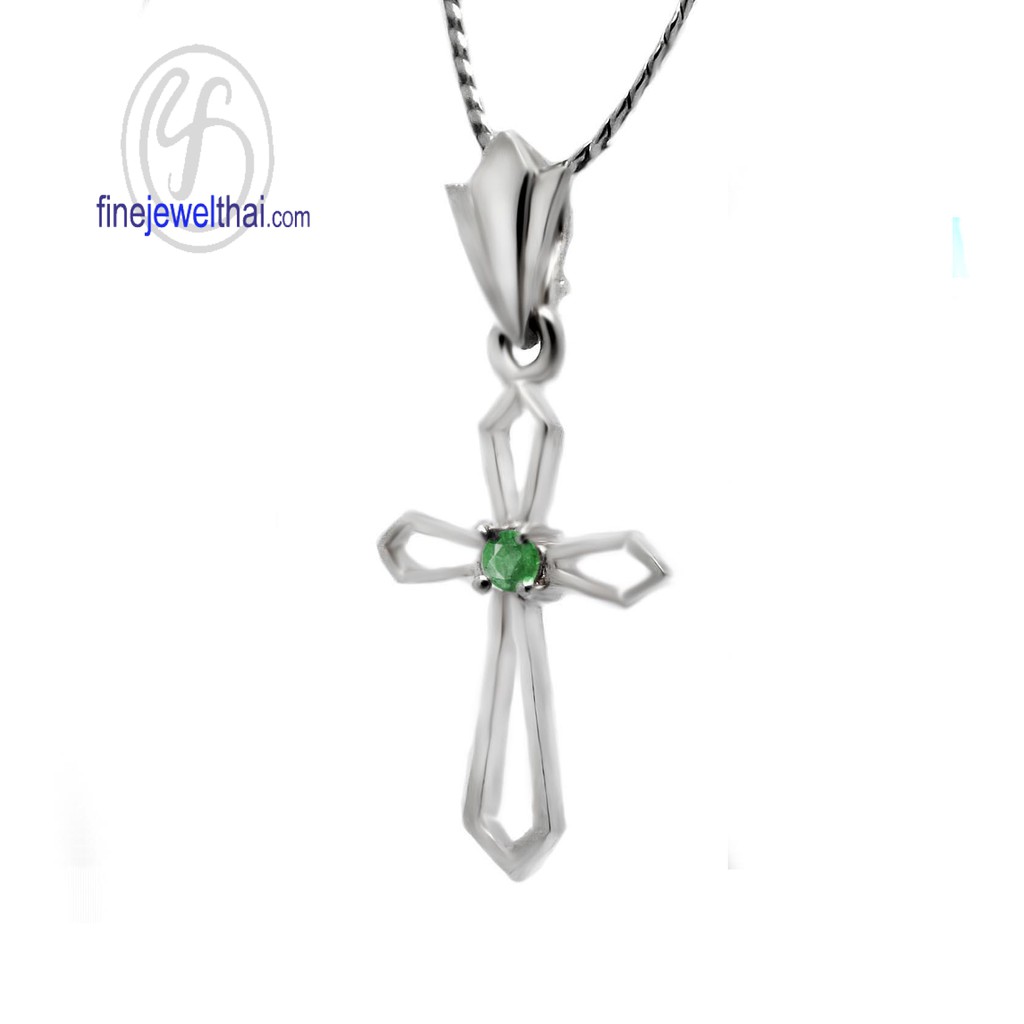 finejewelthai-จี้มรกต-จี้เงิน-จี้พลอย-จี้ไม้กางเขน-จี้พลอยประจำเดือน-emerald-silver925-pendent-p1021em