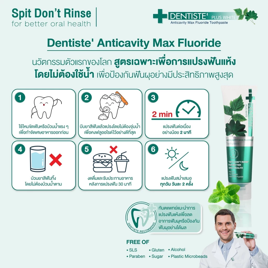Dentiste' รุ่น Anticavity Max เดนทิสเต้ ยาสีฟันแปรงแห้ง สูตร Anticavity Max ขนาด 100 กรัม เพื่อสุขภาพช่องปากที่ดี