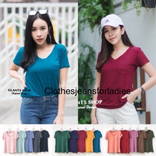 15สีเสื้อยืดคอวีผ้าเด้ง อกฟรีไซส์34-42 ป้าย GI-ANTS SHOP