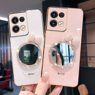 2022 New Casing OPPO Reno8 5G / Reno8 Pro 5G เคส Phone Case with Makeup Mirror and Pearl Butterfly Bow Soft Case Back Cover เคสโทรศัพท์