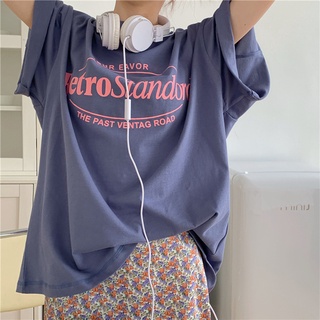 ฤดูร้อนเกาหลีหลวมแขนสั้นเสื้อยืดกลางความยาวนักเรียนพิมพ์ตัวอักษร top-SH500236