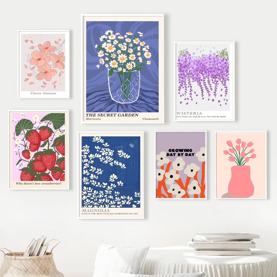 ภาพวาดผ้าใบ-รูปดอกซากุระ-ดอกทิวลิป-สตรอเบอร์รี่-แจกันดอกไม้-สําหรับตกแต่งผนังห้องนั่งเล่น