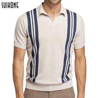 สินค้า Suikone ใหม่เสื้อยืดผู้ชายฤดูร้อนลายแฟชั่นท็อปส์แขนสั้นบางพอดีปกแขนสั้นเสื้อโปโล