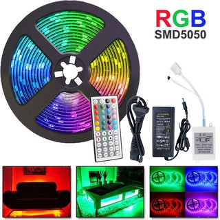 ไฟตกแต่งห้อง ไฟเส้น LED Strip light รุ่น 5050 RGB ชนิดสลับสี พร้อมรีโมทย์ และAdapter 12W 5 เมตร กันน้ำ ทนแดด Anjou