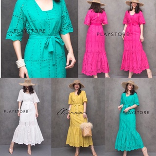 (นางแบบใส่ชุดขาย) Feminine is You Maxidress แม็กซี่เดรส เดรสยาวผ้าลูกไม้ฉลุ คอเหลี่ยมเก๋ๆ ชายระบาย กระโปรงทรงหางปลา