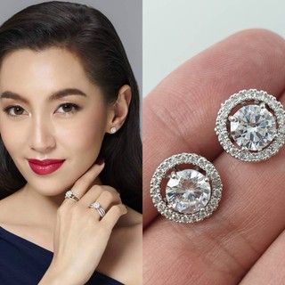 AC_Jewelry ต่างหูเพชร CZ Diamond 7 mm. มีกรอบเพชรถอดได้  ตัวเรือนเงินโรเดียม ไม่ลอกไม่ดำ