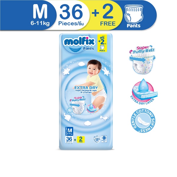 ภาพหน้าปกสินค้าMolfix ผ้าอ้อมเด็กโมลฟิกซ์ เอ็กซ์ตร้า ดราย แพ้นส์ M 36+2 ชิ้น