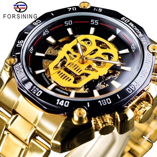 Forsining 3D Skull Transparent Golden Stainless Steel Luminous Design Mens Automatic Sport Watch Top Brand Luxury Skelet