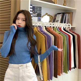 ราคาและรีวิวCicishop(920)เสื้อไหมพรมแขนยาว คอเต่าพับคอได้ ผ้านิ่มยืดได้เยอะ 14สี