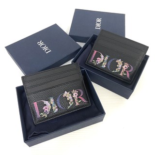 New  Dior Card Holder Grained Calfskin with Dior Flowers Signature