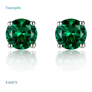 Fancy ต่างหูสตั๊ด เงิน 925 ทรงกลม สีเขียว ประดับเพทาย AAA เรียบง่าย ของขวัญวันเกิด สําหรับผู้หญิง งานแต่งงาน หมั้น