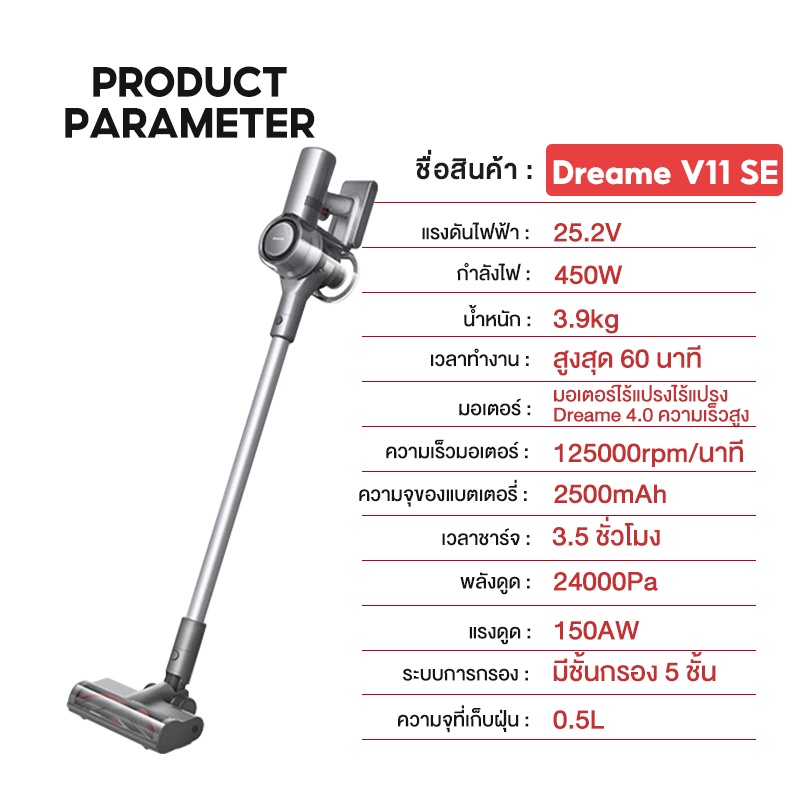 ข้อมูลประกอบของ Dreame V11 SE / V12 Handheld Wireless Vacuum Cleaner แรงดูดสูง 24Kpa เครื่องดูดฝุ่นไร้สาย เครื่องดูดฝุ่นอัจฉริยะ เครื่องดูดฝุ่น