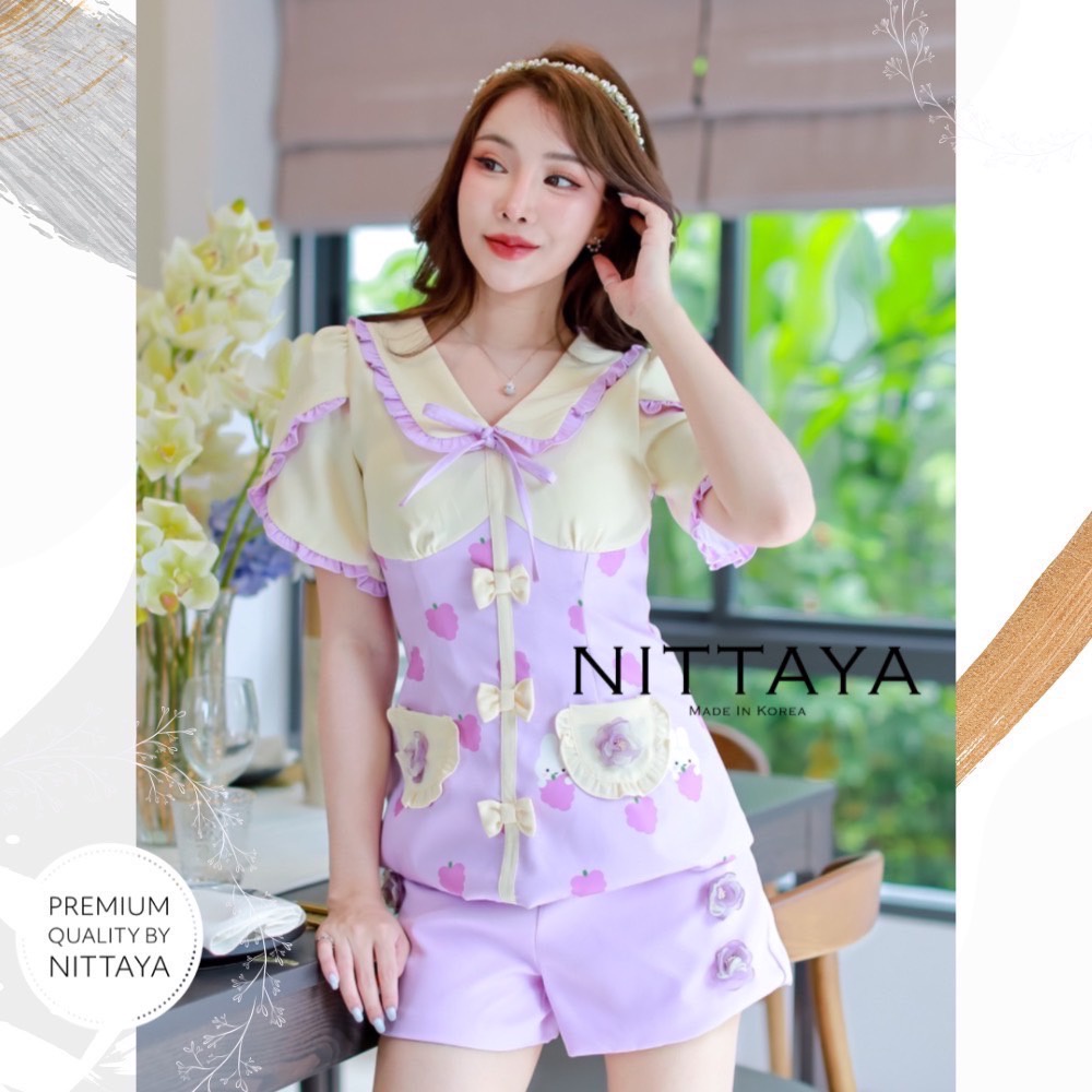 nittaya-เซ็ตเสื้อลายองุ่น-กางเกงขาสั้นสีม่วงปักดอกไม้