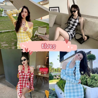 Elves✨พร้อมส่ง✨ ชุดเซ็ต ชุดเดรส+เสื้อคลุมลายตารางน่ารักสีแจ่มใส่สบายมาก ~28628+28628-1~