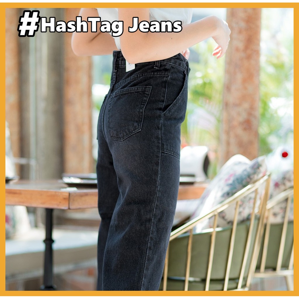 hashtag-jeans-กางเกงยีนส์ขายาว-กางเกงยีนส์ขาบาน-วินเทจขาบานกระเป๋าเหลี่ยม-ฟอกเทาดำ-กางเกงยีนส์ผู้หญิง-has9158